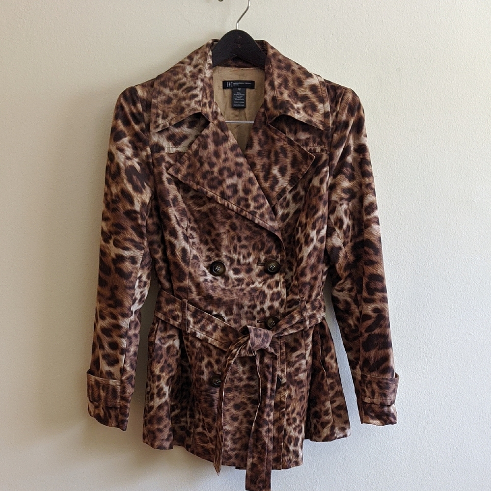 INC International Concepts Brown Leopard-Print Trench Coat Size M